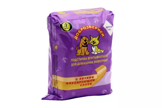 Пеленки Доброзверики д/животных впитывающие одноразовые с липким фиксирующим слоем 60х40 см 5 шт