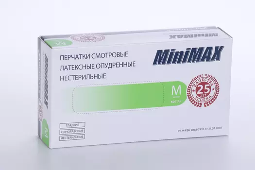 Перчатки ARCHDALE MiniMAX смотровые латексные опудренные гладкие нестер M, 50 шт