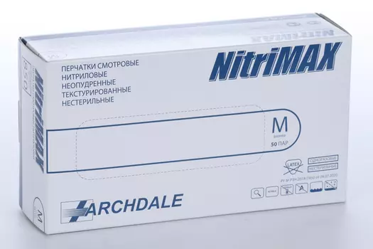 Перчатки ARCHDALE Nitrimax нитрил/смотровые/неопудр/нестерил M, 50 шт, пара белые