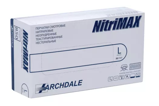 Перчатки ARCHDALE Nitrimax нитрил/смотровые/неопудр/нестерил L, 50 шт, пара белые