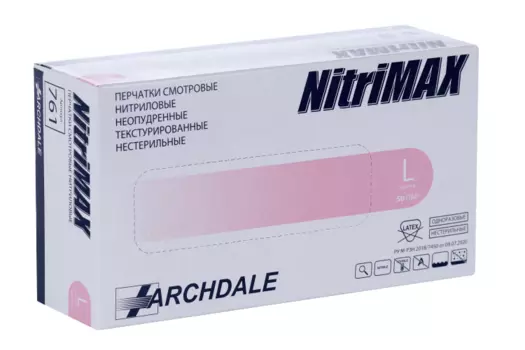 Перчатки ARCHDALE Nitrimax нитрил/смотровые/неопудр/нестерил L, 50 шт, пара розовые