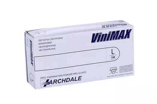 Перчатки ARCHDALE Vinimax винил/смотровые/неопудр/нестерил L, 100 шт, белые