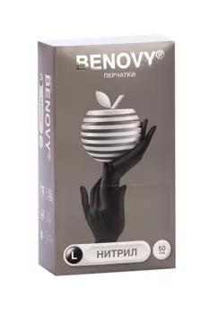 Перчатки Benovy н/стерил диагн нитрил текстур на пальцах неопуд хлорир L, 50 шт, пара черный