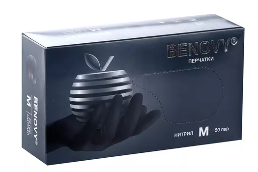 Перчатки Benovy смотр/нитрил/нестерил/неопуд текстур на пальцах с однокр хлоринацией черн M, 50 шт