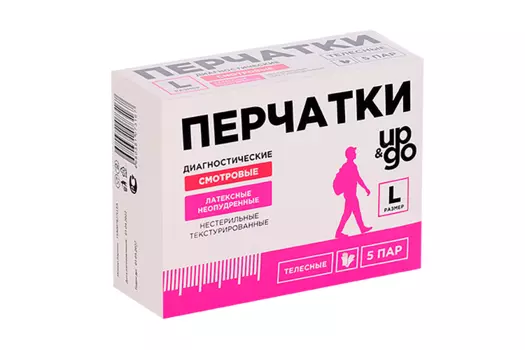 Перчатки UP&GO смотровые латекс н/опудр н/стер текстур р L, 5 шт