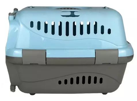 Переноска Турне д/животных с прозрач пластик дверцей/ремнем/ковриком голубая