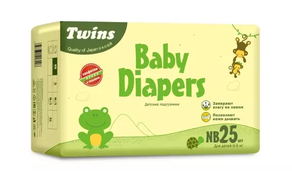 Подгузники детские Твинс NB (0-5кг), 25 шт, + подарок Салфетки Твинс х10