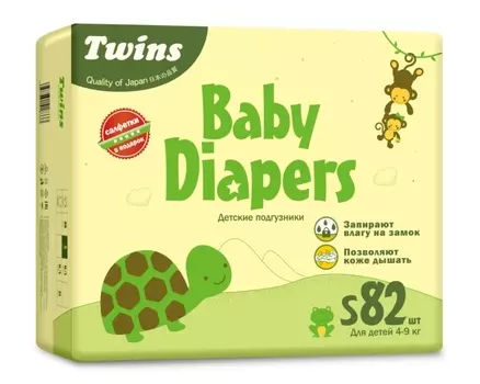 Подгузники детские Твинс S (4-9кг), 82 шт, + подарок Салфетки Твинс х80