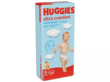 Подгузники HUGGIES Ultra Comfort для мальчиков BOY 5 (12-22 кг), 64 шт