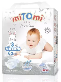 Подгузники miTOmi Premium на липучках размер М 6-11 кг, 62 шт