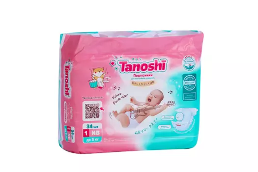 Подгузники Tanoshi д/детей NB (0-5 кг), 34 шт