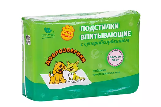 Подстилки Доброзверики Сухие лапки д/животных впитыв однораз с суперабсорбент 30 шт