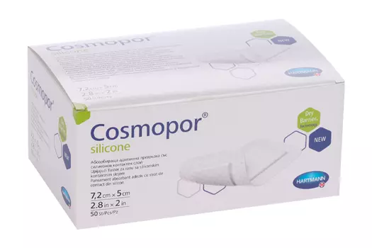 Повязка Cosmopor silicone с контактным слоем из силикона пластырный тип 7.2х5 см, 50 шт