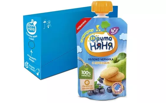 Пюре Фрутоняня яблоко/черника/печенье (с 6 мес), 90 г, 12 шт