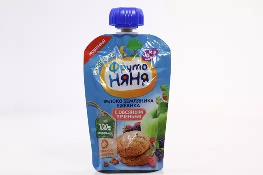 Пюре Фрутоняня яблоко/земляника/ежевика/овсяное печенье (с 6 мес), 90 г, 12 шт