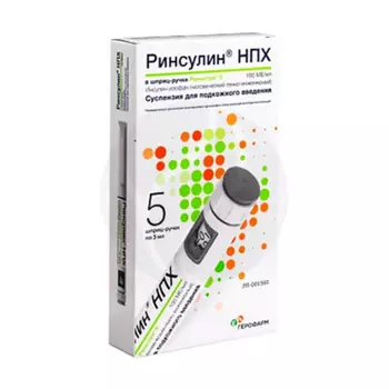 Ринсулин НПХ 100 МЕ/мл, 3 мл, 5 шт, суспензия для подкожного введения