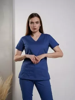 Рубашка Доктор Чехов медицинская с V-образным вырезом коротний рукав женская синяя р 44