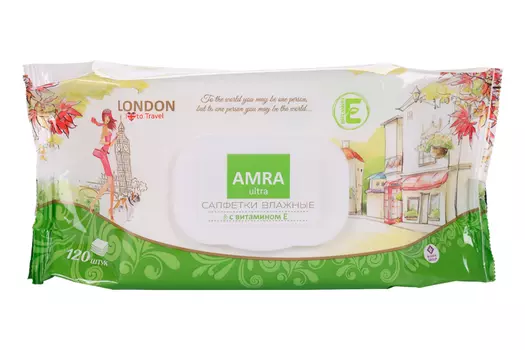 Салфетки Amra travel London влажные освежающие с вит Е, 120 шт