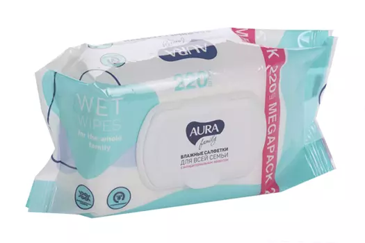 Салфетки Aura Family влажные д/всей семьи с крышкой, 220 шт