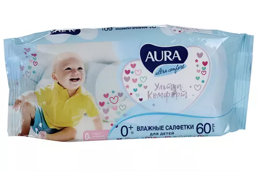 Салфетки Аура влажн дет Ультра комфорт, 60 шт