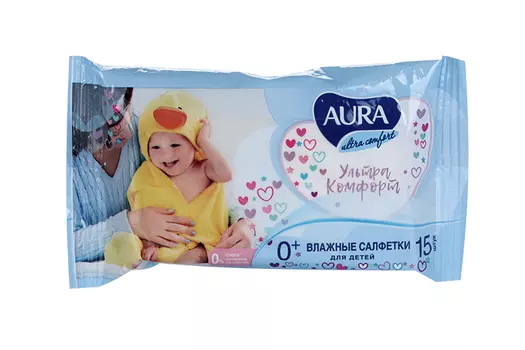 Салфетки Аура влажн дет Ультра комфорт, 15 шт