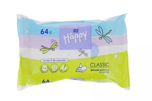 Салфетки Бэлла Хеппи бэби Классик с вит Е влажн, 64 шт