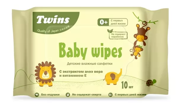 Салфетки детские Твинс влажн экстракт алоэ/вит Е, 10 шт