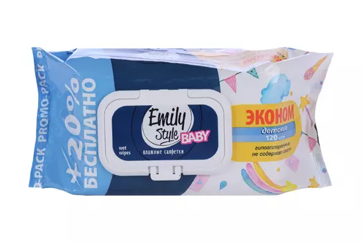 Салфетки Emily Style Эконом влаж с клапаном д/детей, 120 шт, (+20% бесплатно)