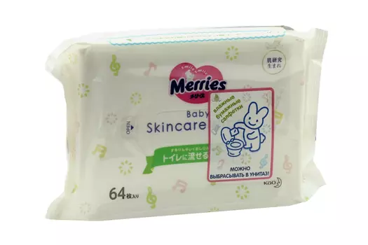 Салфетки Merries Flushable влажные детские Запасной блок, 64 шт