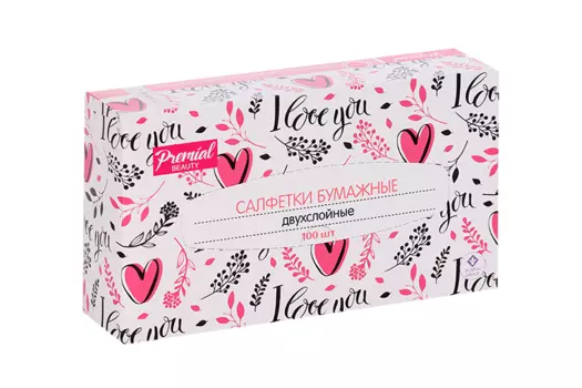 Салфетки Premial бумажные двухслойные белые в коробке 100 шт, (Нон стоп)