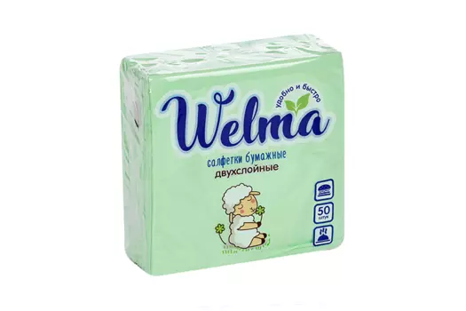 Салфетки Welma бумажные двухслойные пастельных тонов, 50 шт, салатные