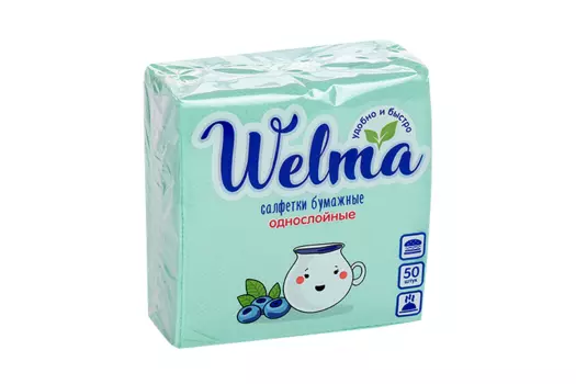 Салфетки Welma бумажные однослойные 50 шт, зеленые
