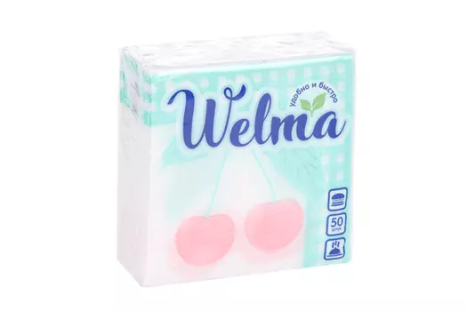 Салфетки Welma бумажные однослойные с рисунком вишня, 50 шт
