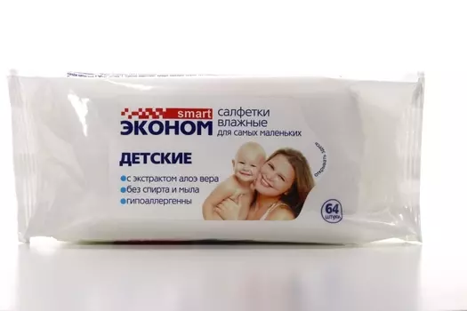 Салфетки влаж Эконом Смарт дет с экстр алоэ вера, 64 шт