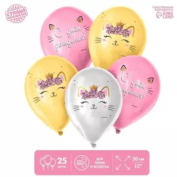 Шар Страна Карнавалия латексный «C Днем Рождения», котенок, 25 шт