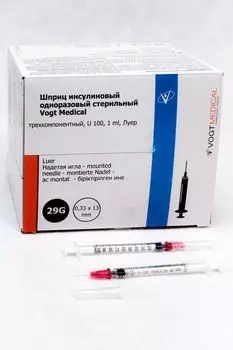 Шприц инсулиновый Vogt Medical 1 мл U100, снадетой иглой 29G 0,33 х 13 мм