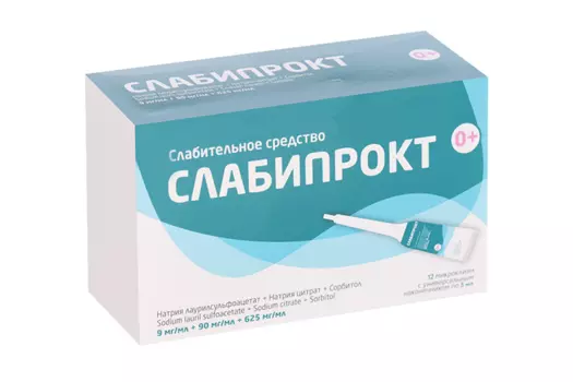 Слабипрокт 9 мг/мл+90 мг/мл+625 мг/мл, 5 мл, 12 шт, раствор ректальный микроклизмы
