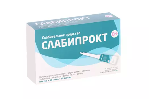 Слабипрокт 9 мг/мл+90 мг/мл+625 мг/мл, 5 мл, 4 шт, раствор ректальный микроклизмы