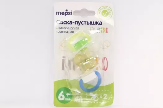 Соска-пустышка Мепси классич/латекс желт/зелен/голуб/бел (с 6 мес), 2 шт
