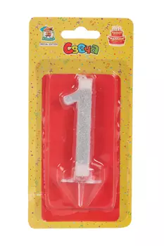 Свеча Miland Цифра 1 серебряный глиттер д/торта 7 см