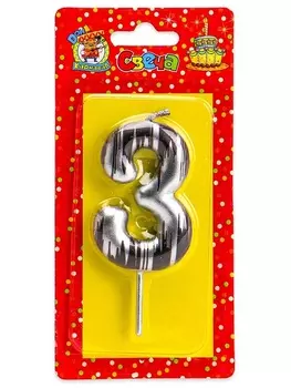 Свеча Miland цифра 3 д/торта серебряная шебби шик 6 см