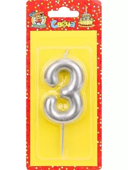 Свеча Miland Цифра 3 д/торта серебряная 6 см