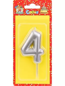 Свеча Miland Цифра 4 серебряная д/торта 6 см