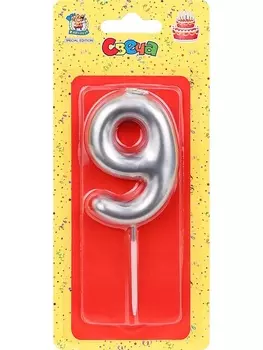 Свеча Miland цифра 9 д/торта серебряная 6 см