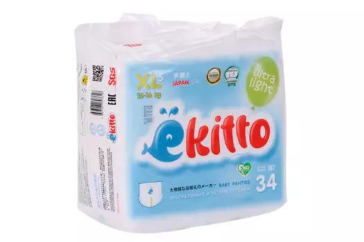 Трусики-подгузники Ekitto Premium Comfort Ultra Light XL (12-16 кг), 34 шт
