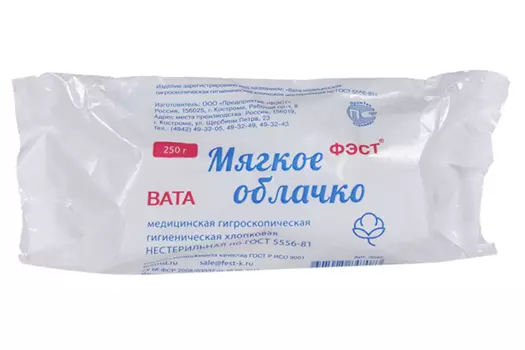Вата ФЭСТ мед гигроскопич гигиен хлопок н/стер, 250 г