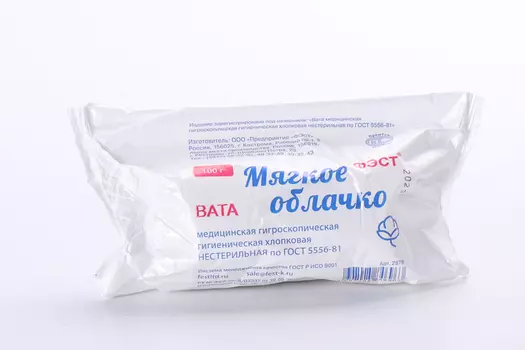 Вата ФЭСТ мед гигроскопич гигиен хлопок н/стер, 100 г