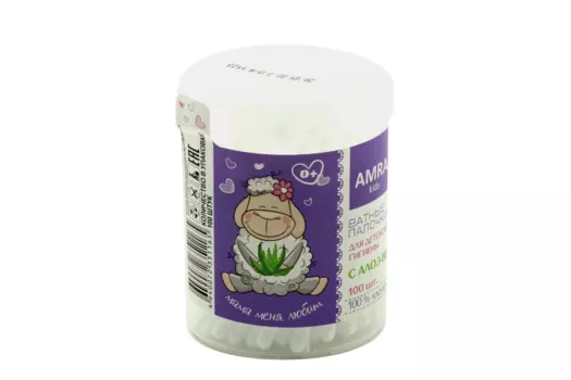 Ватные палочки Амра д/детей с алоэ-вера, 100 шт, (цилиндр)