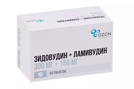 Зидовудин+Ламивудин 300 мг+150 мг, 60 шт, таблетки покрытые пленочной оболочкой