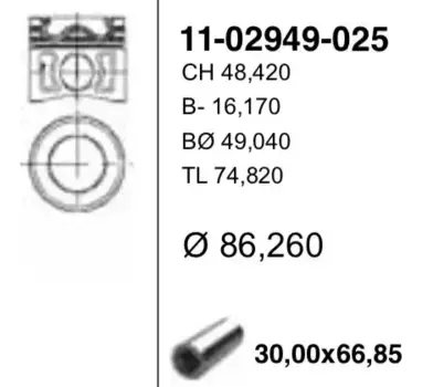 86,25 mm. Поршень с пальцем,без колец V347 2,2 RWD RUS 150ps 11- h74,82 c отв масл/форс 11-02949-025 YENMAK